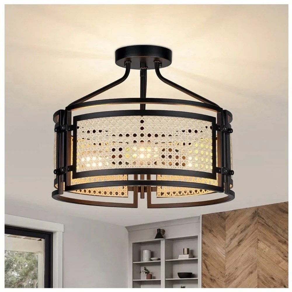 farmhouse semi flush mount ceiling light Fixture 15 Inch 3 Light Boho Rattan‎